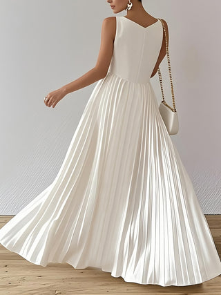 V Neck Sleeveless Pleated Flowy Maxi Dress