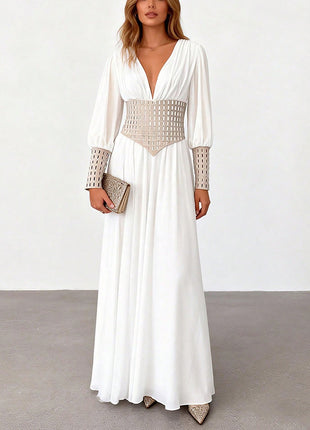 Deep V Mesh Cuff Flowy Maxi Dress With Corset