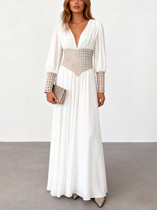 Deep V Mesh Cuff Flowy Maxi Dress With Corset