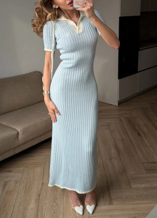 Light Blue Contrast Collar Ribbed Knit Midi Dress