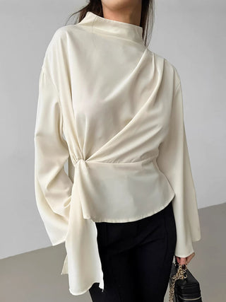 Cream Satin Draped Tie Waist Long Sleeve Blouse Top