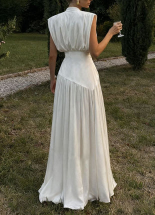 Deep V Satin High Slit Pleated Maxi Dress