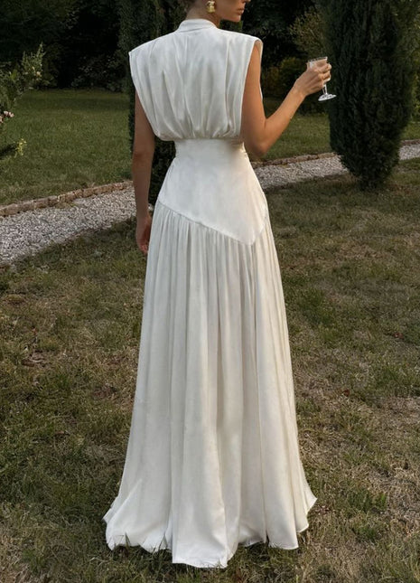 Deep V Satin High Slit Pleated Maxi Dress