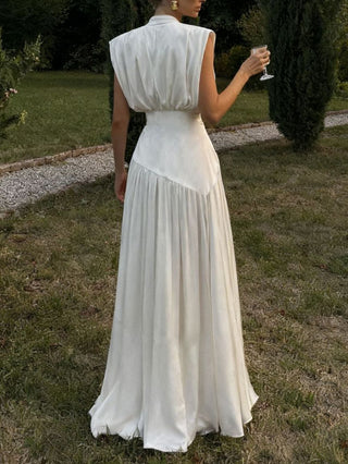 Deep V Satin High Slit Pleated Maxi Dress