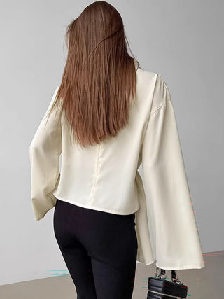Cream Satin Draped Tie Waist Long Sleeve Blouse Top