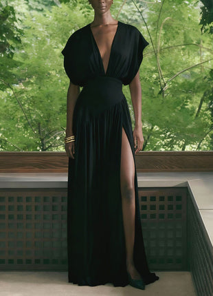 Deep V Satin High Slit Pleated Maxi Dress
