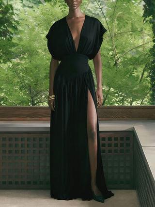 Deep V Satin High Slit Pleated Maxi Dress