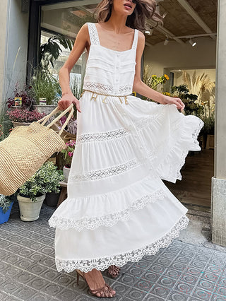 Long Tiered Dress with Lace Paneling