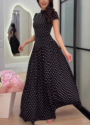 Polka Dot Keyhole Neck Cap Sleeve Maxi Dress
