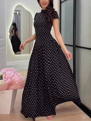 Polka Dot Keyhole Neck Cap Sleeve Maxi Dress