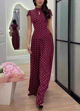 Polka Dot Keyhole Neck Cap Sleeve Maxi Dress
