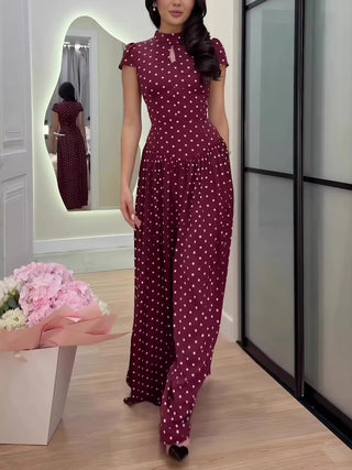 Polka Dot Keyhole Neck Cap Sleeve Maxi Dress