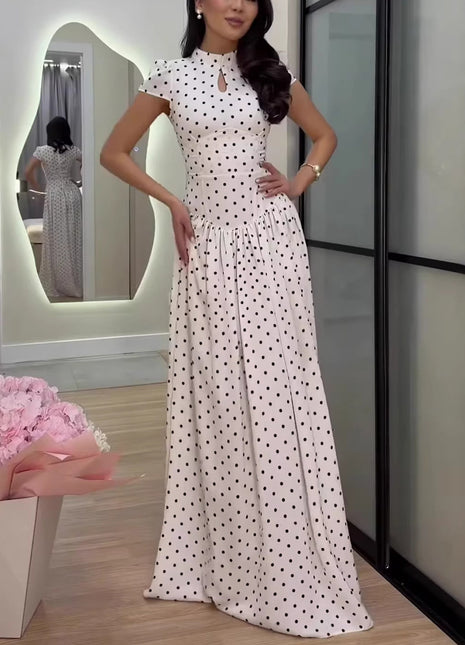 Polka Dot Keyhole Neck Cap Sleeve Maxi Dress