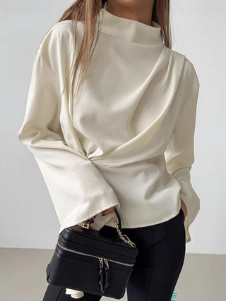 Cream Satin Draped Tie Waist Long Sleeve Blouse Top