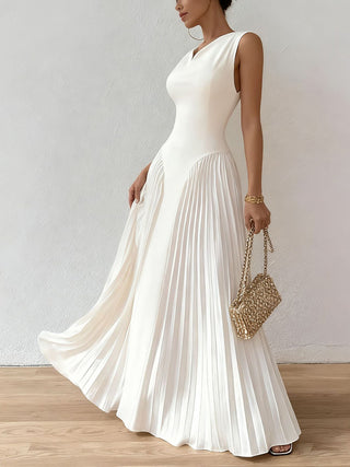 V Neck Sleeveless Pleated Flowy Maxi Dress
