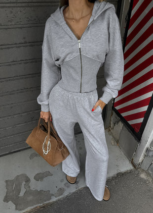 Zip Crop Hoodie Split Pants Tracksuit Two Piece Set