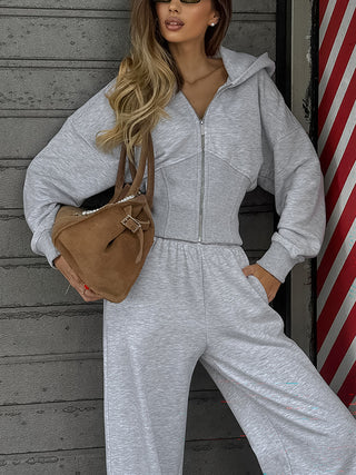 Zip Crop Hoodie Split Pants Tracksuit Two Piece Set