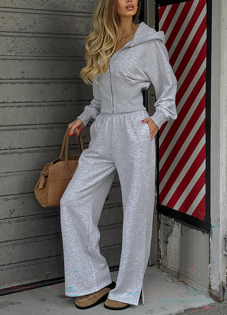 Zip Crop Hoodie Split Pants Tracksuit Two Piece Set