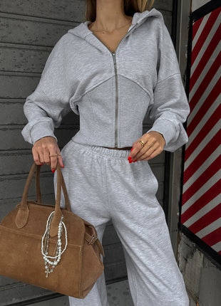 Zip Crop Hoodie Split Pants Tracksuit Two Piece Set