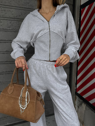 Zip Crop Hoodie Split Pants Tracksuit Two Piece Set
