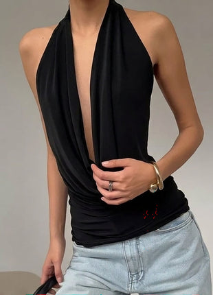 Deep-V Halter-Neck Sleeveless Crop Top