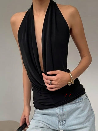 Deep-V Halter-Neck Sleeveless Crop Top