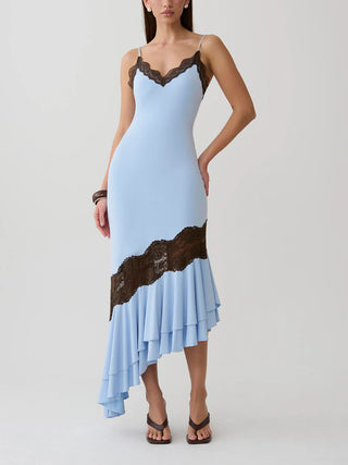 Lace Trim Spaghetti Strap Asymmetrical Ruffle Midi Dress