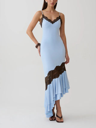 Lace Trim Spaghetti Strap Asymmetrical Ruffle Midi Dress