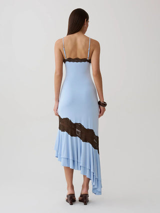 Lace Trim Spaghetti Strap Asymmetrical Ruffle Midi Dress