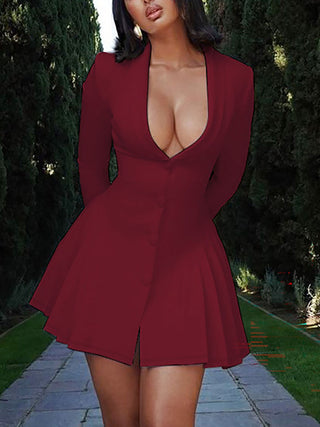 Deep V Neck Long Sleeve Blazer Style Pleated Mini Dress