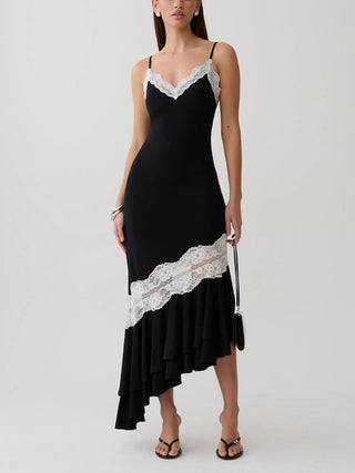 Lace Trim Spaghetti Strap Asymmetrical Ruffle Midi Dress