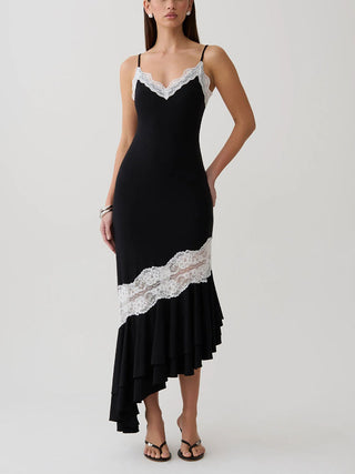 Lace Trim Spaghetti Strap Asymmetrical Ruffle Midi Dress