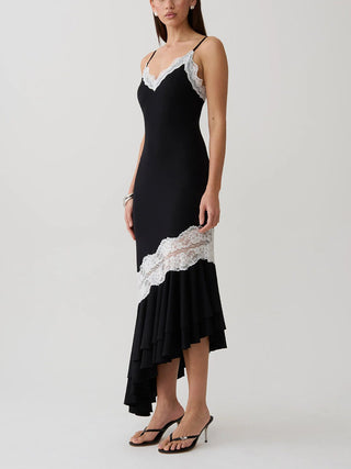 Lace Trim Spaghetti Strap Asymmetrical Ruffle Midi Dress