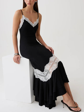 Lace Trim Spaghetti Strap Asymmetrical Ruffle Midi Dress