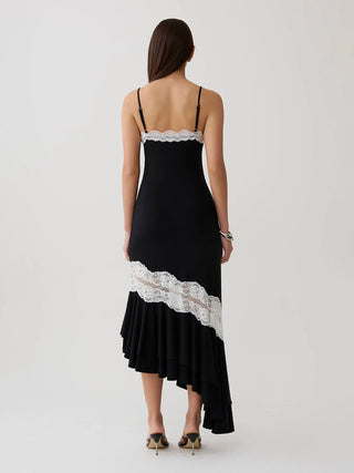 Lace Trim Spaghetti Strap Asymmetrical Ruffle Midi Dress