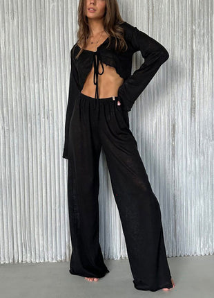 Tie Front Crop Top Wide Leg Pants Two Piece Set
