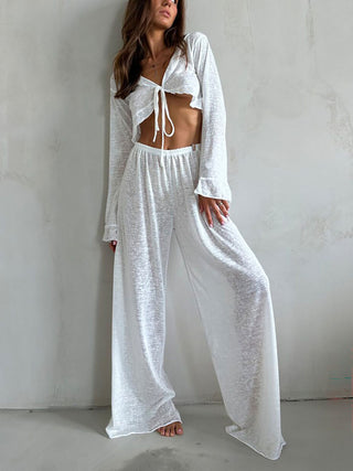 Tie Front Crop Top Wide Leg Pants Two Piece Set