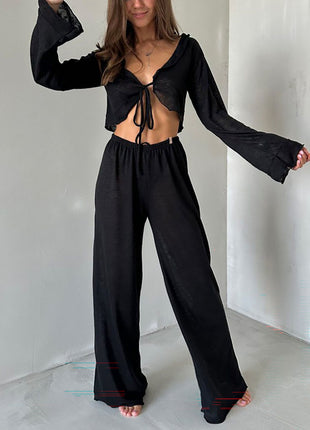 Tie Front Crop Top Wide Leg Pants Two Piece Set