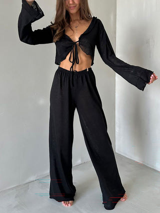 Tie Front Crop Top Wide Leg Pants Two Piece Set