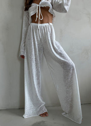 Tie Front Crop Top Wide Leg Pants Two Piece Set