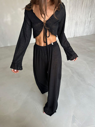 Tie Front Crop Top Wide Leg Pants Two Piece Set