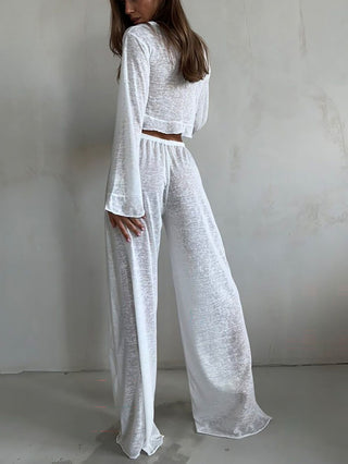 Tie Front Crop Top Wide Leg Pants Two Piece Set