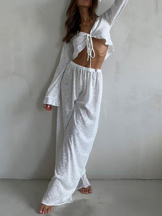 Tie Front Crop Top Wide Leg Pants Two Piece Set