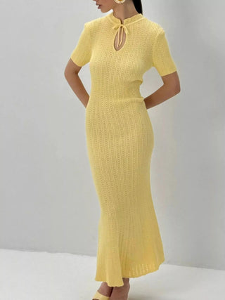 Tie Keyhole-Neck Short Sleeve Knit Mermaid Maxi Dress