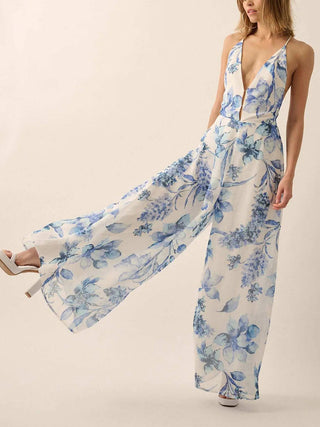 Deep V Halter Floral Print Wide Leg Jumpsuit