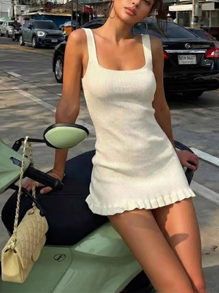 Square Neck Sleeveless Ruffle Hem Ribbed Knit Mini Dress