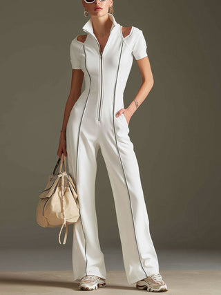 Sporty Striped Shoulder Cutout Jumpsuit