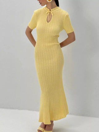 Tie Keyhole-Neck Short Sleeve Knit Mermaid Maxi Dress
