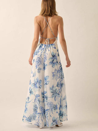 Deep V Halter Floral Print Wide Leg Jumpsuit