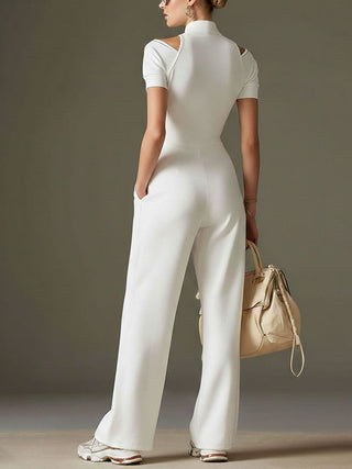 Sporty Striped Shoulder Cutout Jumpsuit